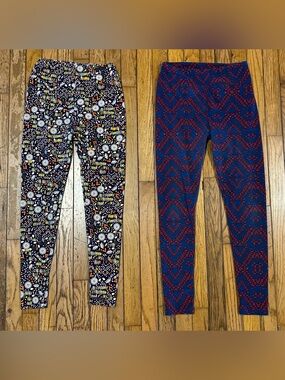 LuLaRoe Leggings Lot of 2 Blue Red Geometric & Floral Print OS